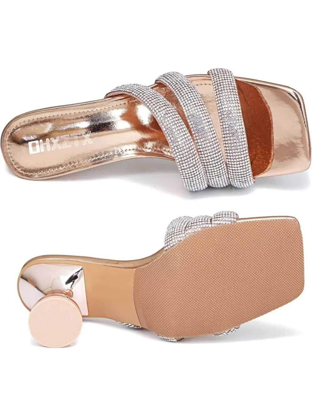 Women's Champagne Rhinestone Square Toe Backless 3.15 IN Chunky High Heel Sandal